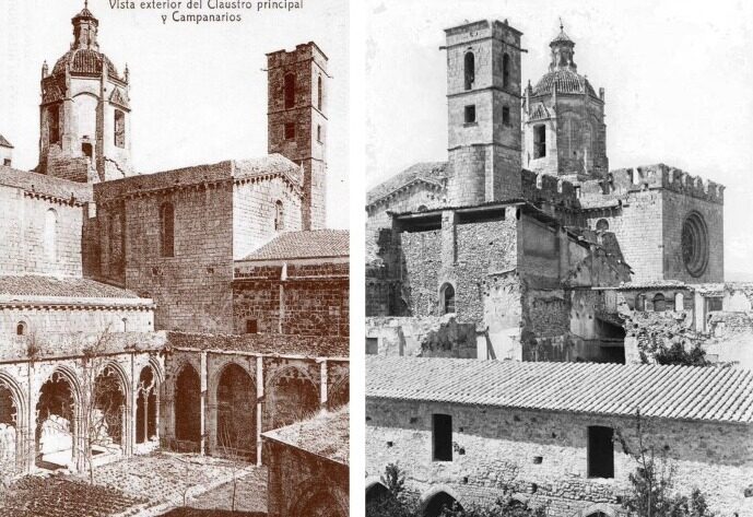 Figura 5. Postal del claustro mayor, 1900 y fotografía de Francesc Brunet i Recasens del claustro viejo, 1896. Fuente: Arxiu Nacional de Catalunya, Fons ANC1-284.