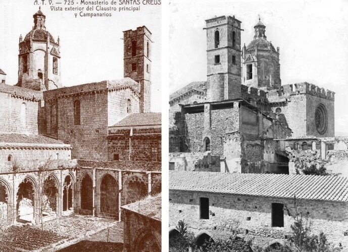 Figura 5. Postal del claustro mayor, 1900 y fotografía de Francesc Brunet i Recasens del claustro viejo, 1896. Fuente: Arxiu Nacional de Catalunya, Fons ANC1-284.