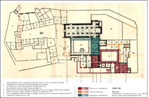 Figura 6. Plano dónde se recogen las intervenciones principales llevadas a cabo entre 1900 y 1930. En rojo se destacan las reconstrucciones, en naranja los derribos, y en turquesa las restauraciones. Elaboración propia.