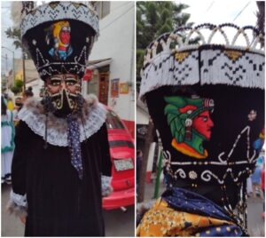 Figura 11. El atuendo de los miembros de la Comparsa mantiene en sus signos icónicos la tradición de incluir motivos de la cultura prehispánica, inspirados en el estilo denominado “elegante” Fotografía de Diana Elena Barcelata Eguiarte (2022).