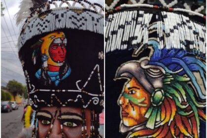 Figuras 8. Caballeros jaguar bordados en el sombrero de integrantes de la comparsa “Un Brinco de Fe.” Fotografía de Diana Elena Barcelata Eguiarte (2022).