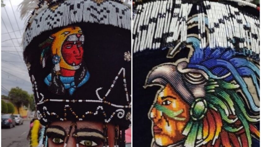 Figuras 8. Caballeros jaguar bordados en el sombrero de integrantes de la comparsa “Un Brinco de Fe.” Fotografía de Diana Elena Barcelata Eguiarte (2022).
