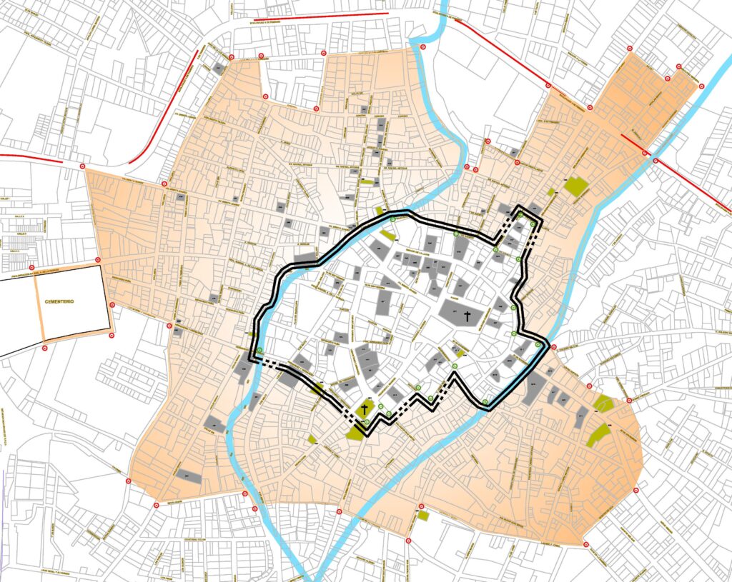 Figura 1. Localizacion de inmuebles estudiados y diferenciados por el tipo de columnas de sus portales. Fuente: Elaboracion propia sobre planos del Programa de Ordenamiento Urbano del Centro de Población de San Andrés Tuxtla, Gobierno del Estado de Veracruz, 2010.