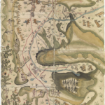 Figura 1. Mapa de las villas de San Miguel y San Felipe de los Chichimecas y el pueblo de San Francisco Chamacuero. La orientación del mapa es con la Villa de San Miguel en la parte superior, disposición que coincide con la mayor parte de las figuras. El área superior, que es la principal del manuscrito, es la que contiene la mayor parte de la información, en la que destaca la presencia hispana. La sección inferior izquierda presenta elementos figurativos de la periferia: chichimecas y fauna nativa, con casi total ausencia de glosas, en la cuarta parte inferior. Por sus dimensiones y organización interna es un códice diseñado para ser consultado en comunidad, desde sus cuatro lados, de manera que las personas que lo observaran tuviera, al menos, algunas figuras en la disposición correcta.