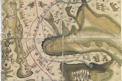 Figura 1. Mapa de las villas de San Miguel y San Felipe de los Chichimecas y el pueblo de San Francisco Chamacuero. La orientación del mapa es con la Villa de San Miguel en la parte superior, disposición que coincide con la mayor parte de las figuras. El área superior, que es la principal del manuscrito, es la que contiene la mayor parte de la información, en la que destaca la presencia hispana. La sección inferior izquierda presenta elementos figurativos de la periferia: chichimecas y fauna nativa, con casi total ausencia de glosas, en la cuarta parte inferior. Por sus dimensiones y organización interna es un códice diseñado para ser consultado en comunidad, desde sus cuatro lados, de manera que las personas que lo observaran tuviera, al menos, algunas figuras en la disposición correcta.