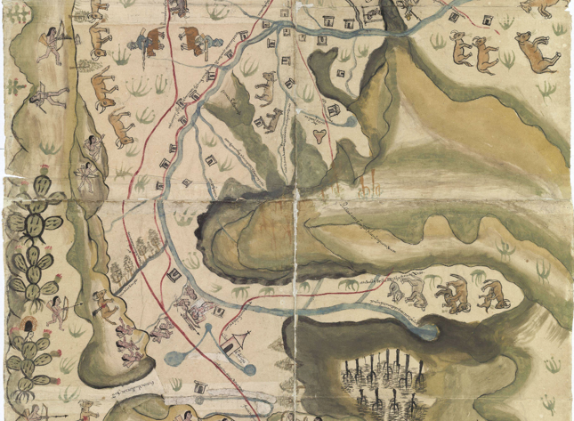 Figura 1. Mapa de las villas de San Miguel y San Felipe de los Chichimecas y el pueblo de San Francisco Chamacuero. La orientación del mapa es con la Villa de San Miguel en la parte superior, disposición que coincide con la mayor parte de las figuras. El área superior, que es la principal del manuscrito, es la que contiene la mayor parte de la información, en la que destaca la presencia hispana. La sección inferior izquierda presenta elementos figurativos de la periferia: chichimecas y fauna nativa, con casi total ausencia de glosas, en la cuarta parte inferior. Por sus dimensiones y organización interna es un códice diseñado para ser consultado en comunidad, desde sus cuatro lados, de manera que las personas que lo observaran tuviera, al menos, algunas figuras en la disposición correcta.