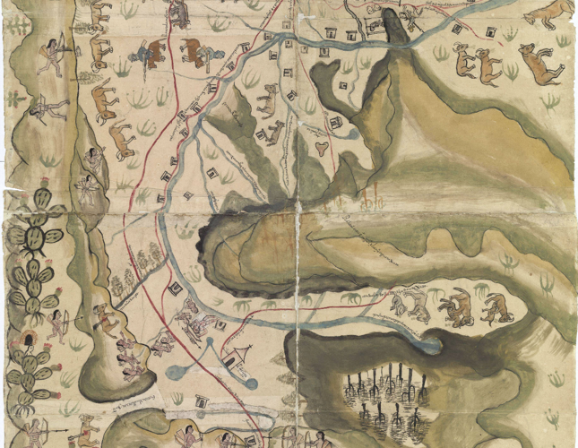 Figura 1. Mapa de las villas de San Miguel y San Felipe de los Chichimecas y el pueblo de San Francisco Chamacuero. La orientación del mapa es con la Villa de San Miguel en la parte superior, disposición que coincide con la mayor parte de las figuras. El área superior, que es la principal del manuscrito, es la que contiene la mayor parte de la información, en la que destaca la presencia hispana. La sección inferior izquierda presenta elementos figurativos de la periferia: chichimecas y fauna nativa, con casi total ausencia de glosas, en la cuarta parte inferior. Por sus dimensiones y organización interna es un códice diseñado para ser consultado en comunidad, desde sus cuatro lados, de manera que las personas que lo observaran tuviera, al menos, algunas figuras en la disposición correcta.
