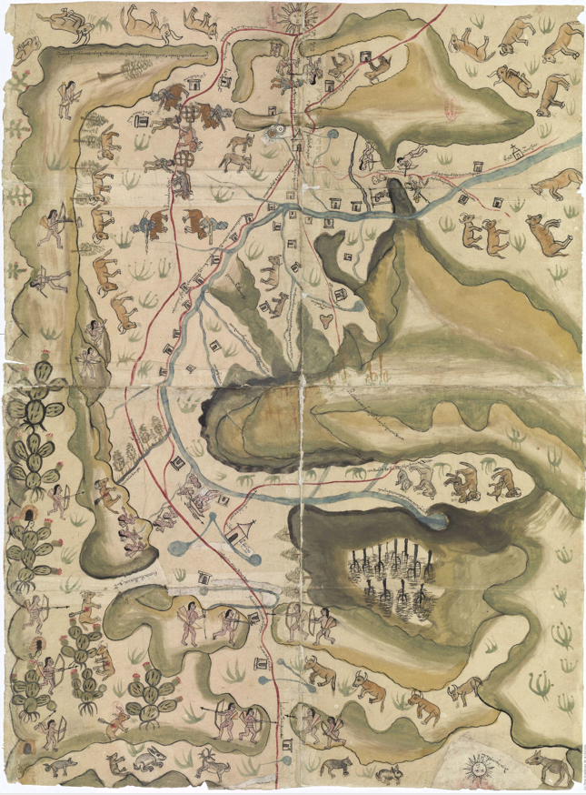Figura 1. Mapa de las villas de San Miguel y San Felipe de los Chichimecas y el pueblo de San Francisco Chamacuero. La orientación del mapa es con la Villa de San Miguel en la parte superior, disposición que coincide con la mayor parte de las figuras. El área superior, que es la principal del manuscrito, es la que contiene la mayor parte de la información, en la que destaca la presencia hispana. La sección inferior izquierda presenta elementos figurativos de la periferia: chichimecas y fauna nativa, con casi total ausencia de glosas, en la cuarta parte inferior. Por sus dimensiones y organización interna es un códice diseñado para ser consultado en comunidad, desde sus cuatro lados, de manera que las personas que lo observaran tuviera, al menos, algunas figuras en la disposición correcta.