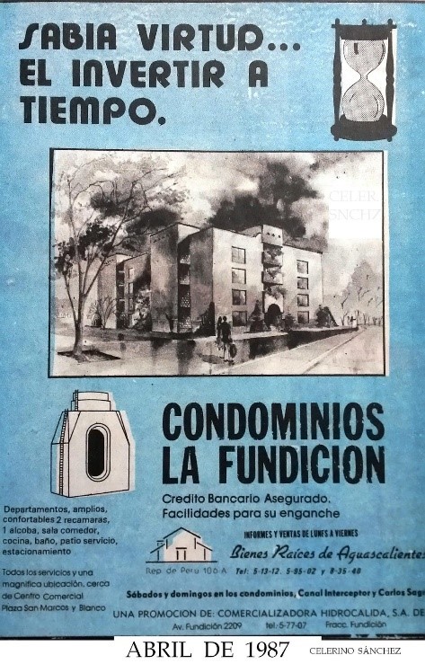 Figura 12. Publicidad del año 1987, donde se anuncia el Fraccionamiento de condominios La Fundición. En el cartel se utiliza como referente o hito urbano al Horno de La Fundición. Esta fotografía es una publicación compartida por un miembro del grupo. https://www.facebook.com/photo/?fbid=2831197903860152&set=gm.555254232482757