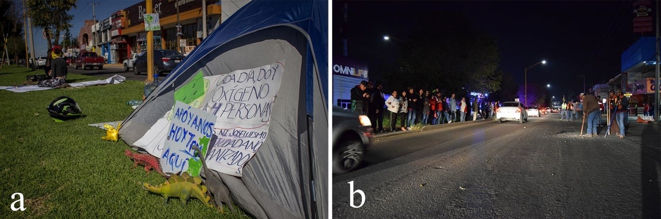 Figura 13. La fotografía a muestra el campamento, y la b, la manifestación. https://www.lja.mx/2018/11/policia-estatal-de-aguascalientes-detiene-a-manifestantes-en-antiguo-camino-a-san-ignacio/ y https://www.lja.mx/2018/11/protesta-contra-paso-a-desnivel-arrojo-20- detenidos-en-aguascalientes/?jwsource=cl