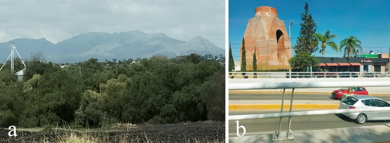 Figura 14. La fotografía a muestra parte del “Cerro de la Grasa”, las copas de los árboles que crecen a las orillas del Río San Pedro con el Cerro del Muerto como fondo escénico y geosímbolo; en la fotografía b se distingue el Horno de la Fundición del otro lado del paso a desnivel. Recuperadas de https://www.facebook.com/groups/lafundicionaguascalientes