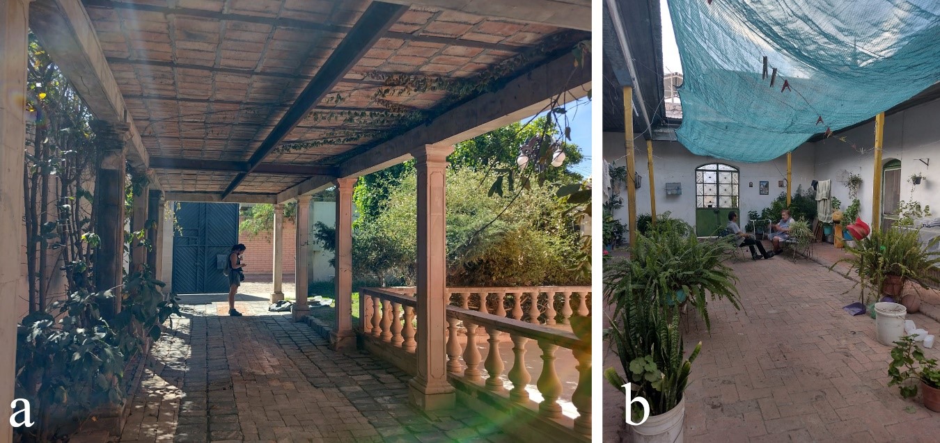 Figura 4. Casas de las colonias obreras, son los vestigios que corresponden a esta faceta de conformación urbana. En la fotografía marcada con la letra a se muestra un patio frontal, mientras que la b pertenece a un patio central. Fotografías de Alba Díaz Márquez. 2022.