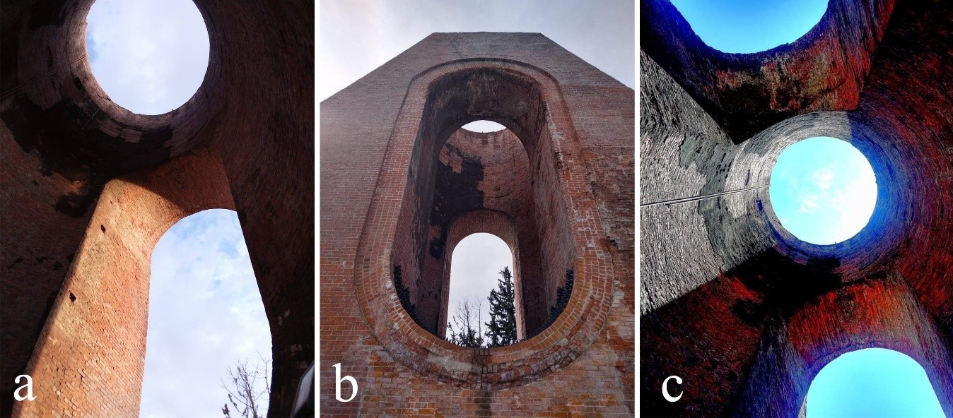 Figura 7. Fotografías del Horno de Fundición, basamento de la única chimenea que permanece en pie. Estas fotografías fueron proporcionadas por los miembros de la comunidad virtual de la red Facebook, quienes dan testimonios del estado actual de la zona. Las fotografías a y c fueron tomadas desde el interior de la chimenea; la marcada con la letra b retrata la fachada sureste del monumento. https://www.facebook.com/groups/lafundicionaguascalientes