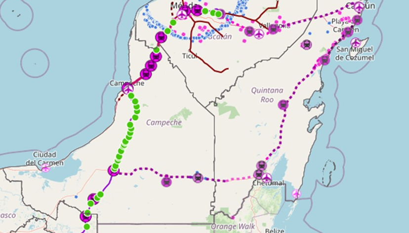 Figura 1. Geografía del lugar, con elementos del tren maya en el sureste. Mapa realizado a partir de los datos que proporciona Geocomunes (2022).