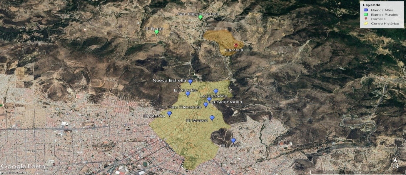 Figura 1: Espacio fundacional de Pachuca: en color verde los barrios rurales del antiguo Real de arriba, en color azul los barrios altos, y en sombreado amarillo el centro histórico. Google Maps, 2022.