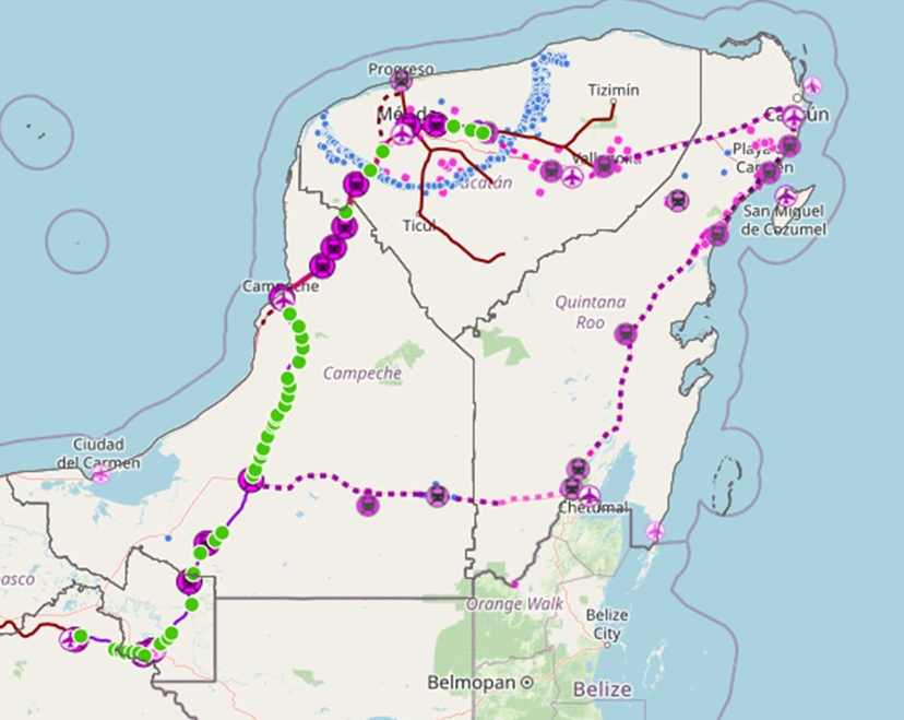 Figura 1. Geografía del lugar, con elementos del tren maya en el sureste. Mapa realizado a partir de los datos que proporciona Geocomunes (2022).