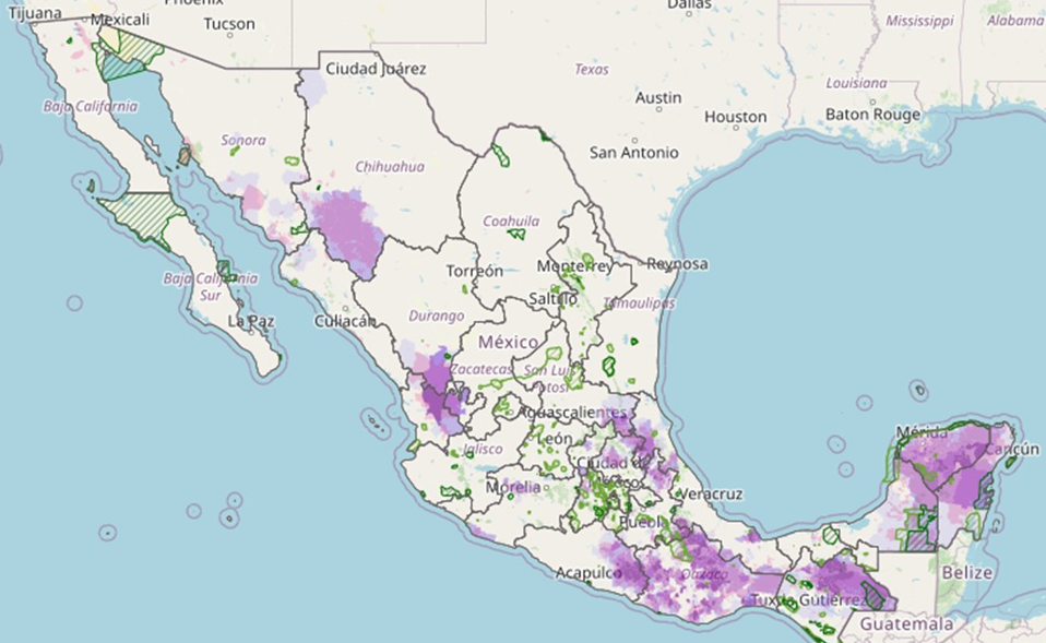 Figura 2. Manchas de poblaciones de grupos indígenas.Mapa realizado a partir de los datos que proporciona Geocomunes (2022) 