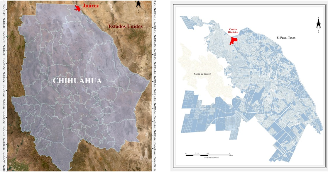 Figura 1: Ubicación de Ciudad Juárez y su centro. Fuente: Elaboración propia