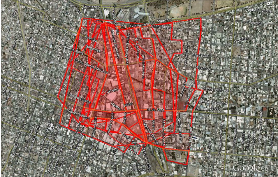 Figura 5: Delimitación espacial del Centro Histórico – Grupo 1. Fuente: Elaboración propia con imagen de Google Earth, 2022