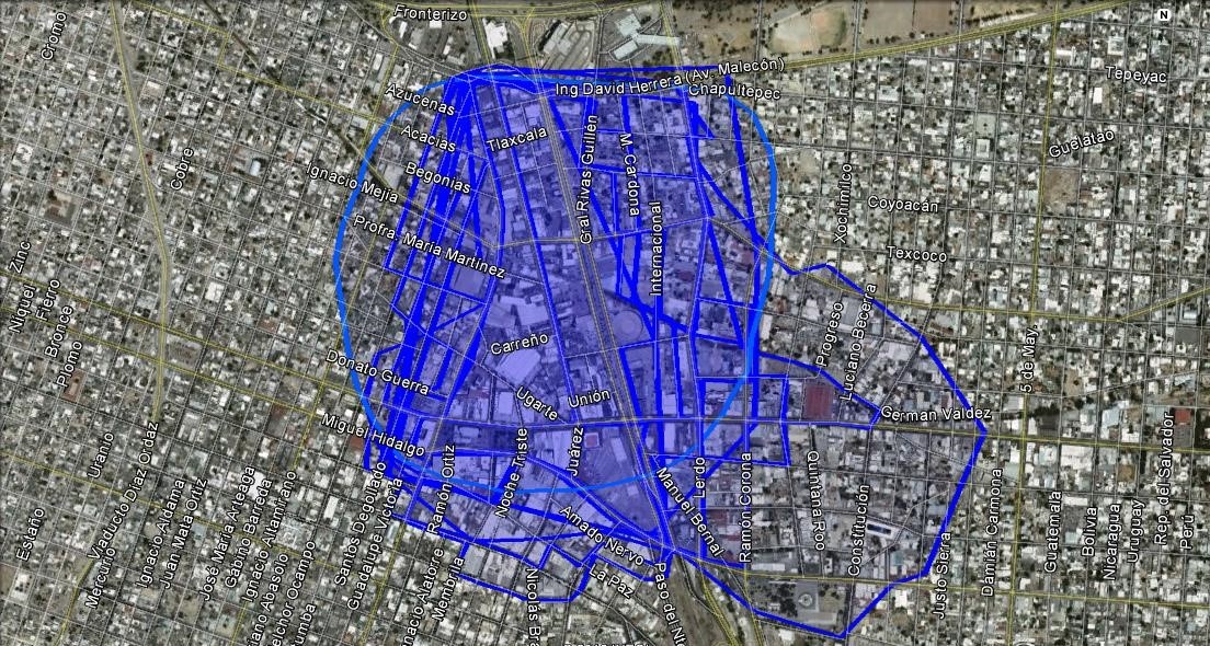 Figura 7: Delimitación espacial del Centro Histórico - Grupo 3. Fuente: Elaboración propia con imagen de Google Earth, 2022